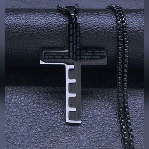 Black silver Titanium Steel Cross Patchwork Design Long‎ Necklace Sweater chain